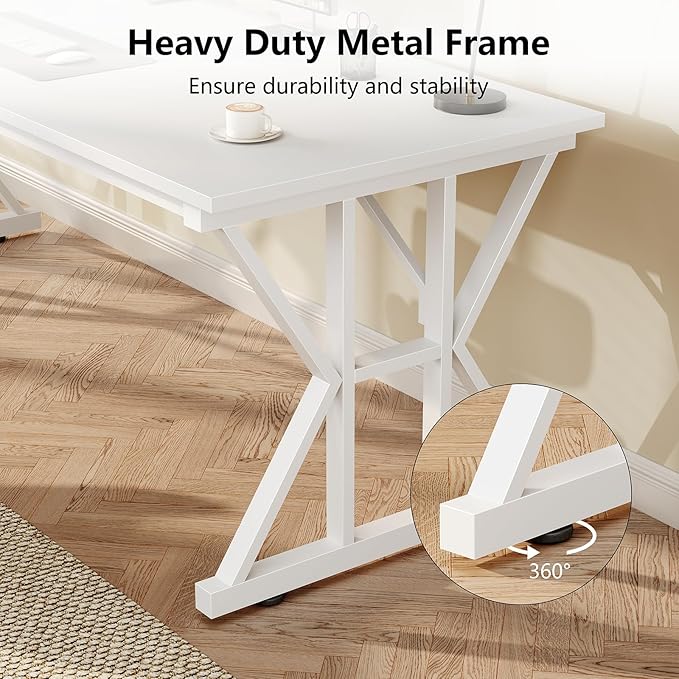 TVU Computer Desk, 55 inch Large Office Desk, Study Writing Table with Thicken Frame, Gaming Desk, Modern Simple Desk for Home Office, White
