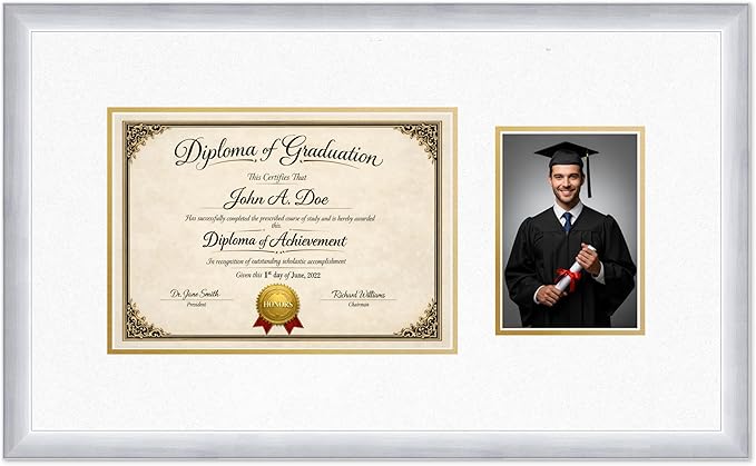 Diploma Frame With Photo Opening Stainless Silver Oyster Shell Over Gold Mat - Fits 11.69 x 8.27 Degree and Picture Made in the USA