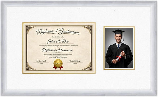Diploma Frame With Photo Opening Stainless Silver Oyster Shell Over Gold Mat - Fits 11.69 x 8.27 Degree and Picture Made in the USA