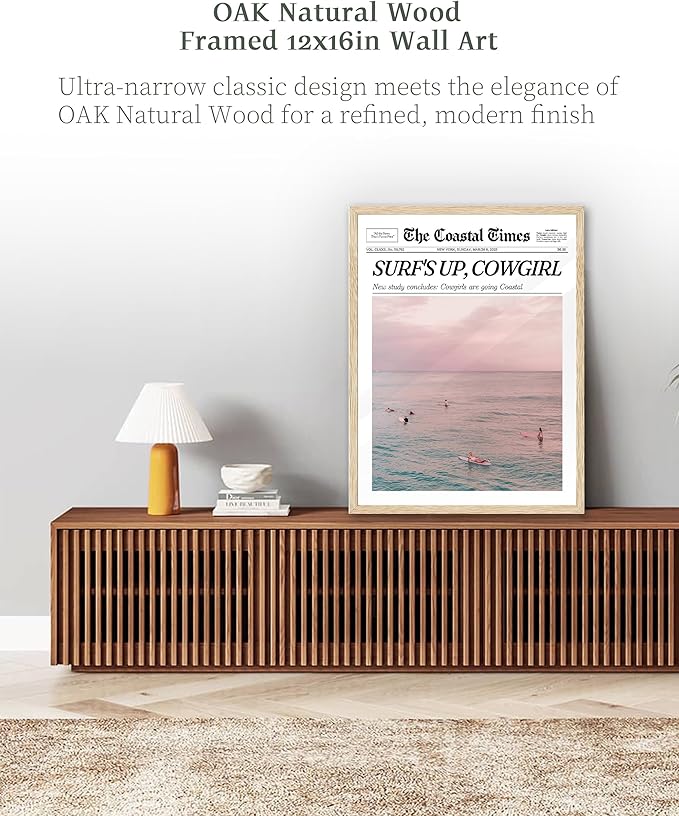 iHery Framed Trendy Coastal Cowgirl NewsPaper Wall Art Prints,Beige OAK Wood 12x16in Canvas Wall Decor For Bedroom,New York News,Western Vintage Bar Cart,Dorm Retro Surfing Up Home Décor 1Pack