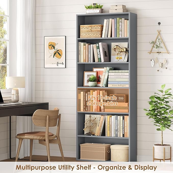 FOTOSOK 6-Tier Open Bookcase and Bookshelf, Freestanding Display Storage Shelves Tall Bookcase for Bedroom, Living Room and Office, Dark Gray