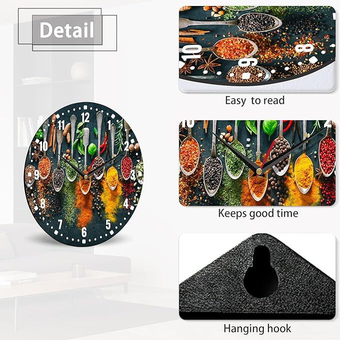 SPUNKER Clocks for Living Room,Colourful Herbs Spices 10 Inch Wall Clock,Spoons Small Battery Operated Wall Clocks Decorative for Kitchen/Living Room/Bedroom/Bathroom/Dining Room