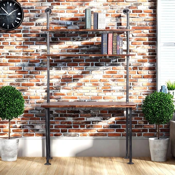 Diwhy Industrial Style Office Decor,Computer Desk 47.2"×20"×79" with 2-Tier Storage Pipe Shelves,Bookshelf Laptop Desk,Studying Writing Table Workstation with Hutch for Home Ofiice