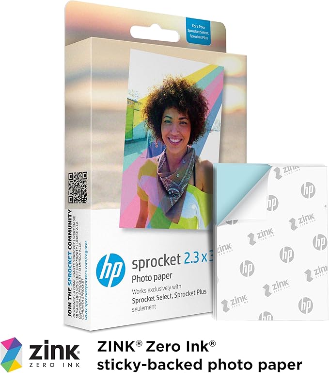 HP Sprocket 2.3 x 3.4 Premium Instant Zink Sticky Back Photo Paper (50 Sheets) Compatible with HP Sprocket Select and Plus Printers.