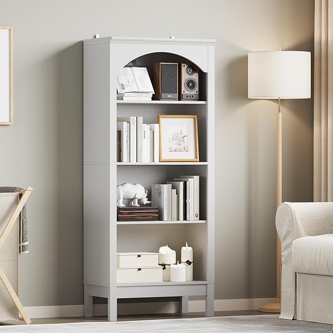 Arched Bookshelf with 4 Tier Open Shelves, 56" Tall Wood Bookcase with Adjustable Shelves, 24" Wide Floor Standing Display Storage Shelf for Home Office, Kitchen, Study and Living Room, Modern White