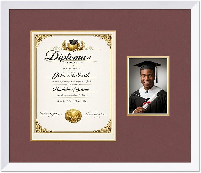 CountryArtHouse Fits 10 x 13 College Diploma (Portrait Traditional) and 5 x 7 Diploma and Photo Frame Bright White Genuine Hardwood with Dark Red Over Metallic Gold Double mat