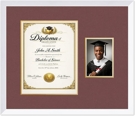 CountryArtHouse Fits 10 x 13 College Diploma (Portrait Traditional) and 5 x 7 Diploma and Photo Frame Bright White Genuine Hardwood with Dark Red Over Metallic Gold Double mat