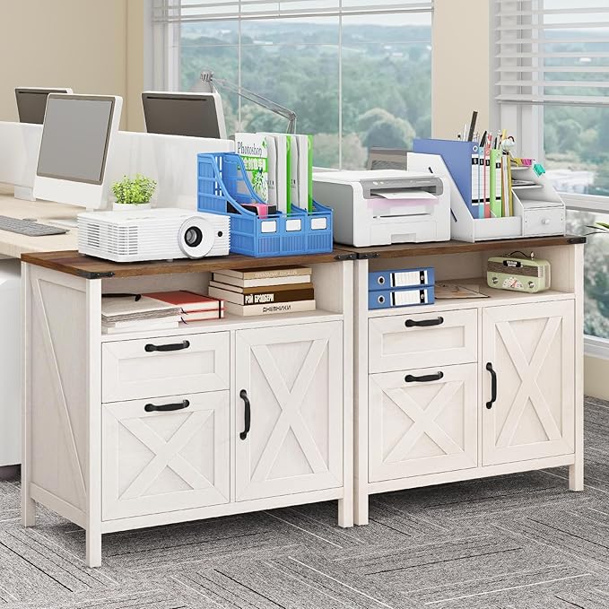 Lateral File Cabinet with 2 Drawers and Door Farmhouse File Cabinet for A4/Letter Size Hanging Files, Large Wood File Storage Cabinets Printer Stand with Open Space for Home Office Furniture, White