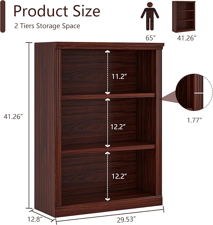 3-Tier Bookshelf Basic Book Case, Wooden Storage Shelves Rustic Bookshelf, D:12.8" x W: 29.5" x H:41.2", Sturdy Display Cabinet for Living Room, Library, Office, 3-Tier, Cherry