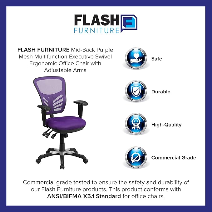 Flash Furniture Nicholas Mid-Back Swivel Office and Gaming Chair, Ergonomic Mesh Office Chair with Adjustable Lumbar Support and Height, Purple