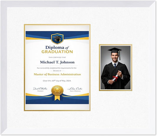 Diploma Frame With Photo Opening Bright White Oyster Shell Over Gold Mat - Fits 10 x 13 Degree and Picture Made in the USA