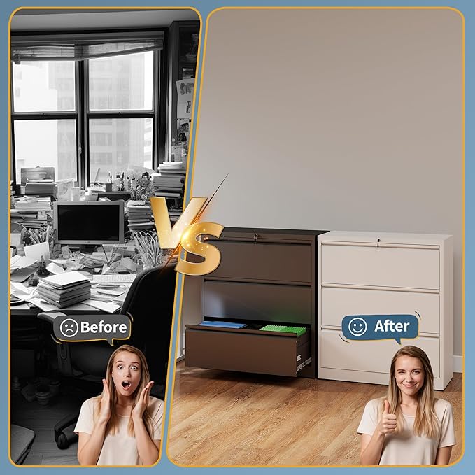 3 Drawer File Cabinet with Lock, Lateral Filing Cabinets,Metal Storage Filing Cabinets for Home Office, Heavy Duty File Cabinet for Letter/Legal/A4/F4 Size Amsseble Required, White