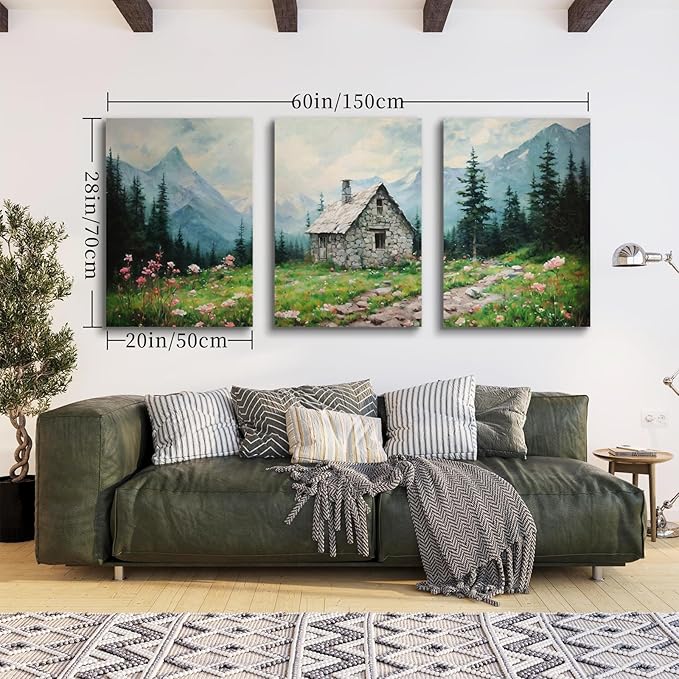 SERIMINO Nature Landscape Canvas Wall Art for Living Room, Forest Mountain Canvas Prints Paintings Room Decor, Cottage Meadow Wildflower Modern Farmhouse Wall Decor Set of 3, 20"X28"