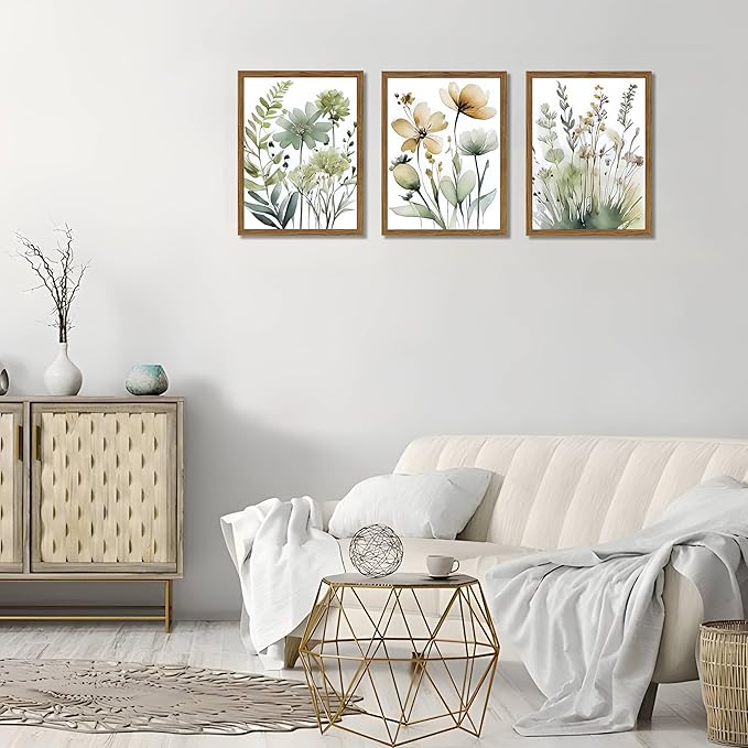 Wood Framed Sage Green Botanical Wall Art Set of 3, Boho Floral Canvas Wall Decor Paintings, Minimalist Flower Posters Prints Pictures for Bedroom Bathroom Living Room Home Decor 16x24 Inch