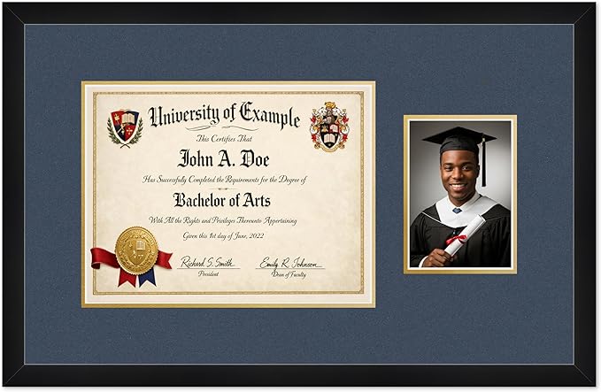 CountryArtHouse Fits 13 x 10 College Diploma (Traditional) and 5 x 7 Photo Diploma and Photo Frame Matte Black Genuine Hardwood with Navy Blue Over Metallic Gold Double mat