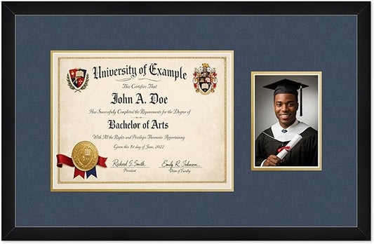 CountryArtHouse Fits 13 x 10 College Diploma (Traditional) and 5 x 7 Photo Diploma and Photo Frame Matte Black Genuine Hardwood with Navy Blue Over Metallic Gold Double mat