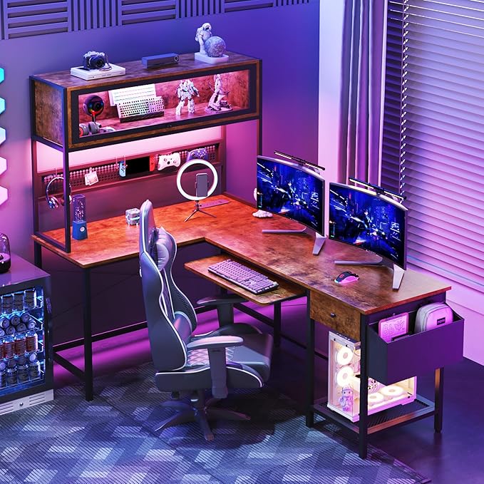 L Shaped Gaming Desk with Power Outlets & LED Lights, 49'' Reversible Computer Desk with Hutch & Pegboard & Display Cabinet, Corner Home Office Desk with Drawer & Keyboard Tray & Storage Bag, Rustic