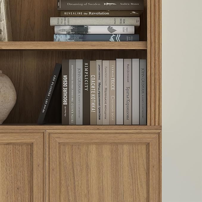 JAHRSTIM Halston Standard with Doors Bookshelves and Bookcase Floor Standing 5 Tier Adjustable Shelves Organizer and Storage, 72in Tall Bookshelf for Home Office, Living Room, Bed Room, Kitchen, Oak