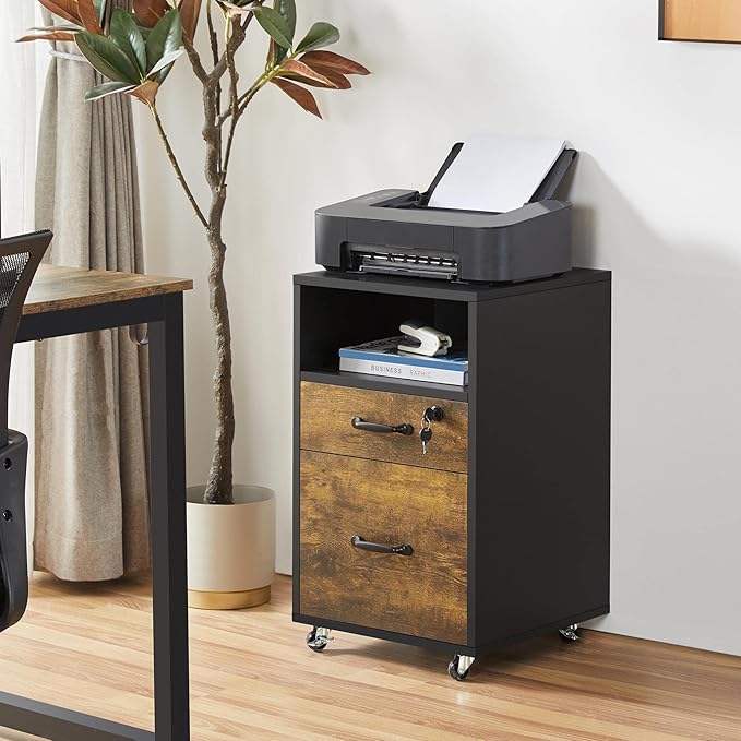 Topeakmart Rolling Vertical Filing Cabinet with 2 Drawer and 1 Open Compartments, File Storage Cabinet with Lock, Printer Stand for Home and Office Black/Rustic Brown
