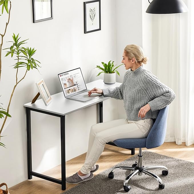 Sweetcrispy Small Computer Desk,32 Inch Office Writing Work Desk with Metal Frame Wooden Tabletop, Student Study Home Bedroom Table with X-Shaped Reinforcement, Black Leg White Top