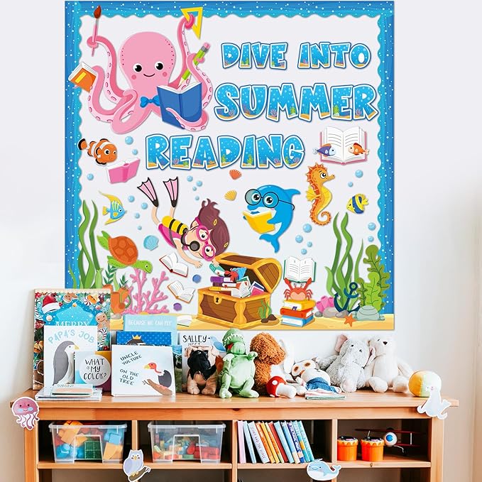 gisgfim Under The Sea Bulletin Board Decorations Classroom Dive Into Reading Summer Ocean Bulletin Board Borders Sea Animal Fish Treasure Box Cutouts Decor for School Library Chalkboard Wall(Ocean)