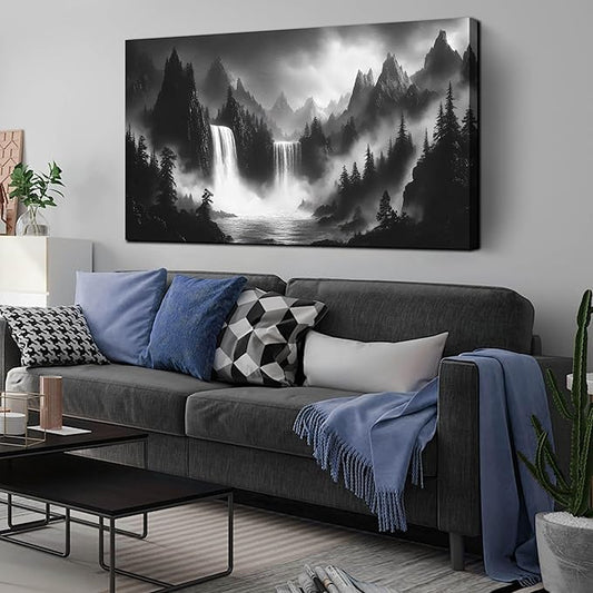 Waterfall Living Room Pictures Wall Decor - Black and White Mountain Wall Art for Bedroom - Large Canvas Wall Art for Office Size 29" x 59"
