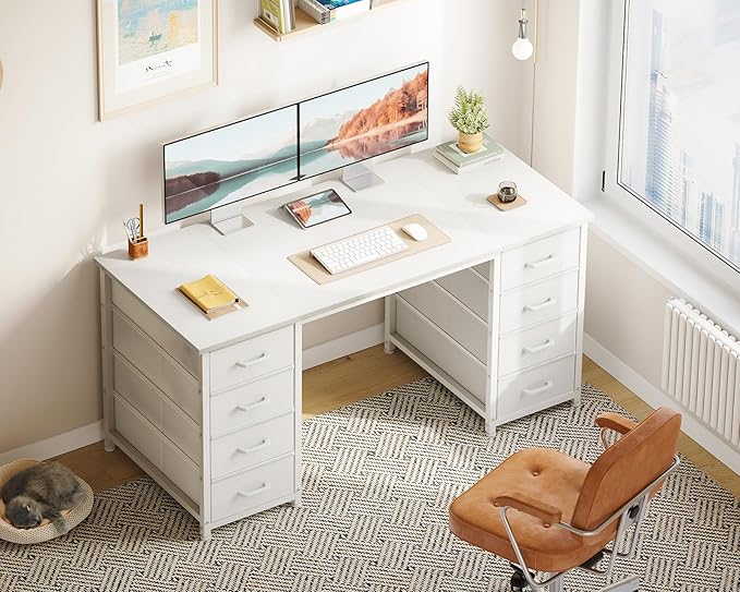 ODK 48 Inch White Computer Desk with 8 Fabric Drawers, Modern Office Desk with Large Storage for Home Office, Study, Gaming, White