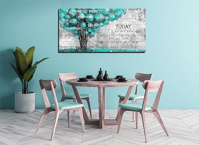 Teal Wall-Decor For Office - Inspirational Quotes Tree Wall Art - Large Canvas Wall Art Teal Decor For Living Room Ready To Hang Size 20" x 40"
