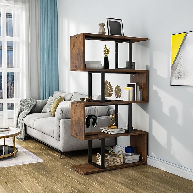 YITAHOME 5-Tier Bookshelf, S-Shaped Z-Shelf Bookshelves and Bookcase, Industrial Freestanding Multifunctional Decorative Storage Shelving for Living Room Home Office, Retro Brown