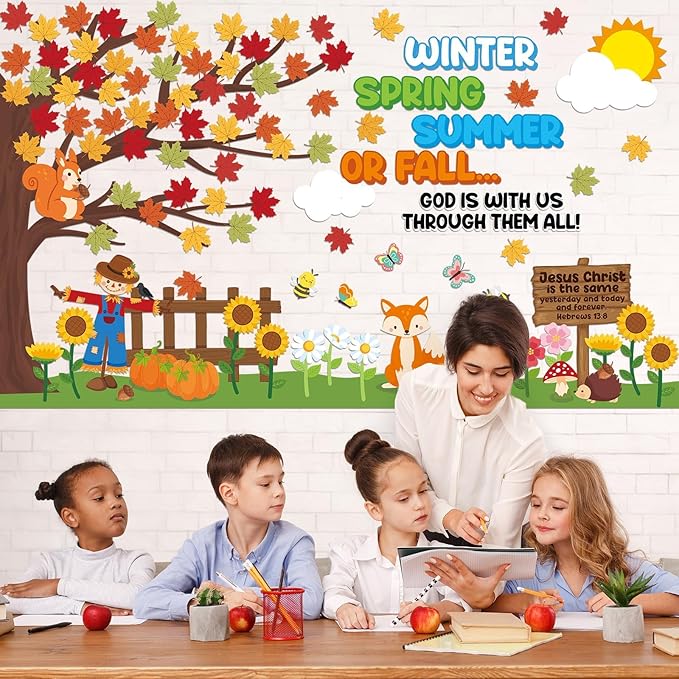 gisgfim Fall Jesus Christian Bulletin Board Decorations Sets Autumn Religious Classroom Decor Pumpkin Maple Leaves Paper Cutouts for Classroom School Church Chalkboard Home Wall Décor