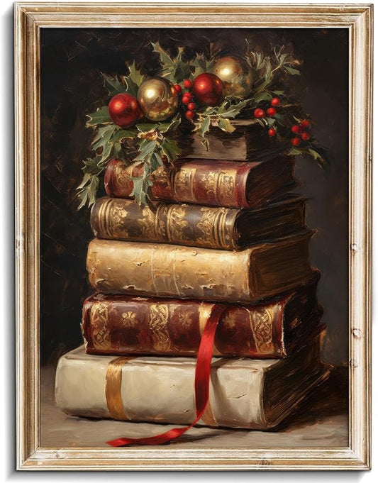 uniro Vintage Rustic Christmas Print Retro Xmas Book Art Oil Painting Dark Academia Decor Winter Farmhouse Holiday Wall Decor for Bedroom, Living Room, Gallery, winter Room Decor, Holiday Decoration Gifts( 8" x 10"-UNFRAMED)