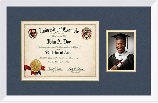 CountryArtHouse Fits 13 x 10 College Diploma (Traditional) and 5 x 7 Photo Diploma and Photo Frame Bright White Genuine Hardwood with Navy Blue Over Metallic Gold Double mat