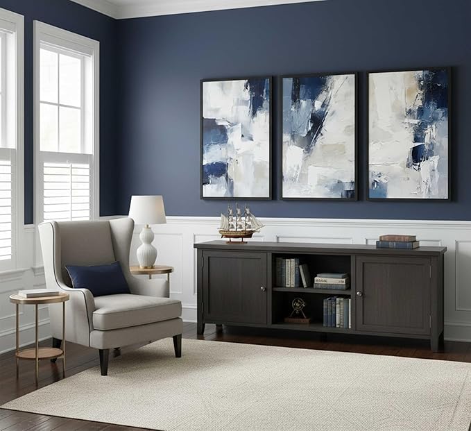 3pcs Navy Blue Abstract Canvas Wall Art Modern Minimalist Neutral Blue White Painting Picture Wall Decor Posters Prints Artworks for Living Room Bedroom Office Home Decoration Unframed