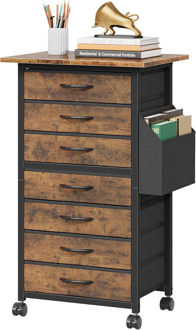 7 Fabric Drawers File Cabinet with Side Pocket, Rolling Printer Stand with Storage for Home Office, Wood Top Storage Cabinet for Documents and Crafts, Rustic Brown, 15" D