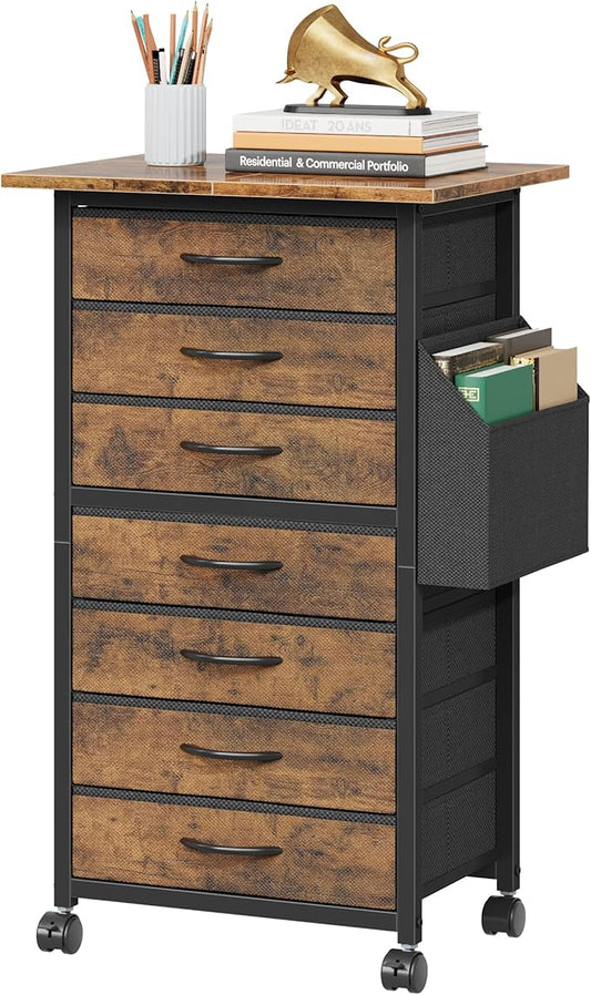 7 Fabric Drawers File Cabinet with Side Pocket, Rolling Printer Stand with Storage for Home Office, Wood Top Storage Cabinet for Documents and Crafts, Rustic Brown, 15" D