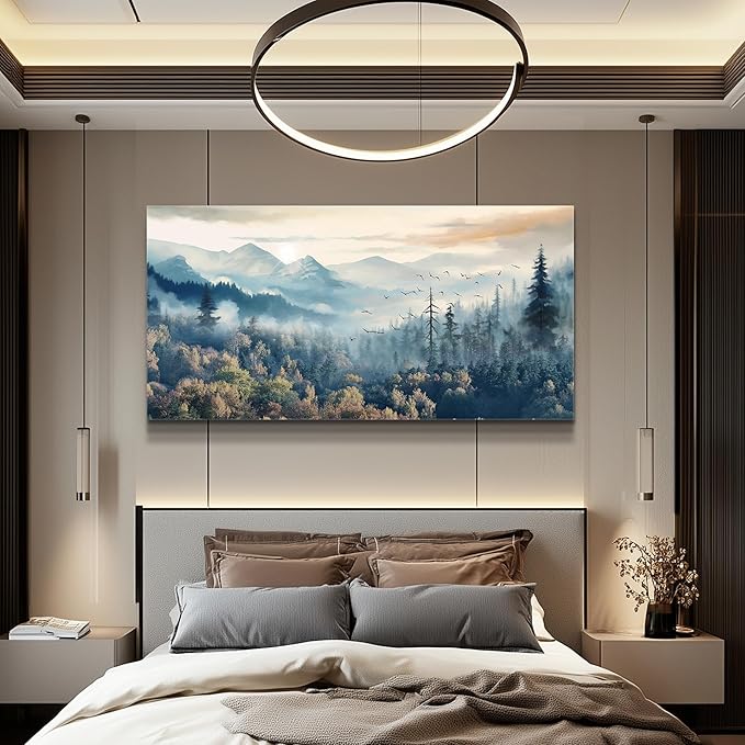 MHARTK66 Modern Canvas Wall Art For Living Room Decorations For Bedroom Office Wall Decor Prints Foggy Forest Trees Landscape Wall Painting Pictures Ready To Hang Room Home Decor 20x40 in