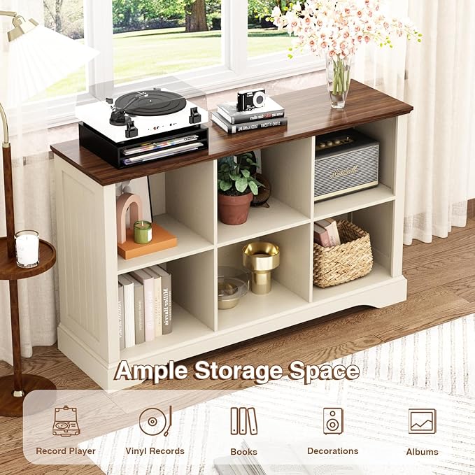 6 Cube Storage Organizer - 47.4" Farmhouse Wood Low Bookshelf, 3 Tier Horizontal Open Shelf Bookcase Cubby Storage Console Cabinet for Living Room, Entryway, Office, Antique White