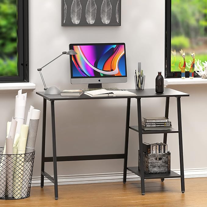SHW 43-Inch Home Office Trestle Computer Desk with Open Storage Shelves, Black
