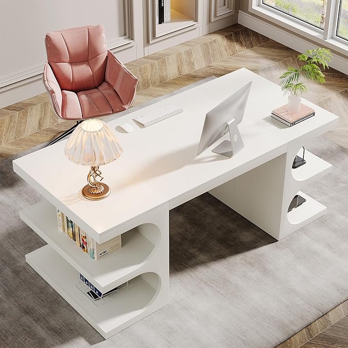 Tribesigns Modern Executive Office Desk, 63-Inch Large Computer Home Office Desk with Storage Shelves, Wood Study Writing Table, Workstation Business Furniture, White