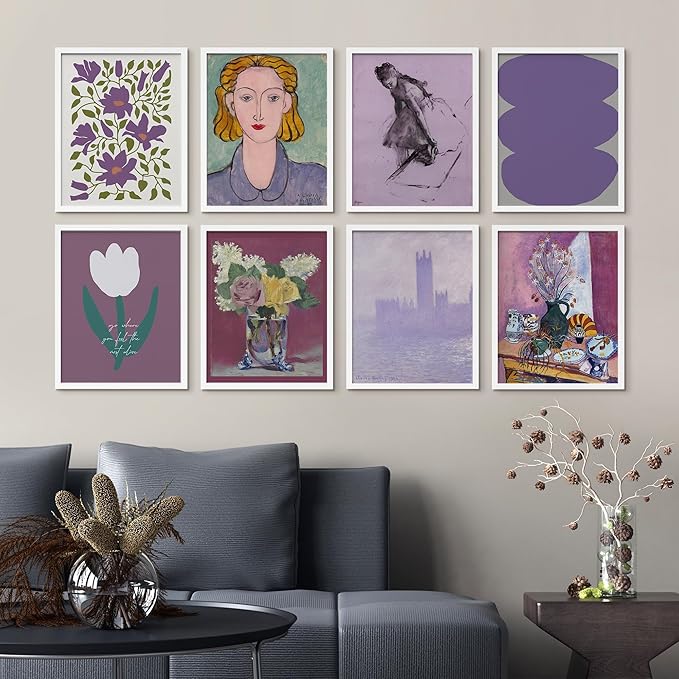 SIGNWIN Framed Poster Bathroom Decor, Wall Art Room Decor Multicolor for Living Room, Bedroom, Office Purple Female Portrait Lavender Flowers Vintage Illustrations Bohemian - 8"x10"x 8 White