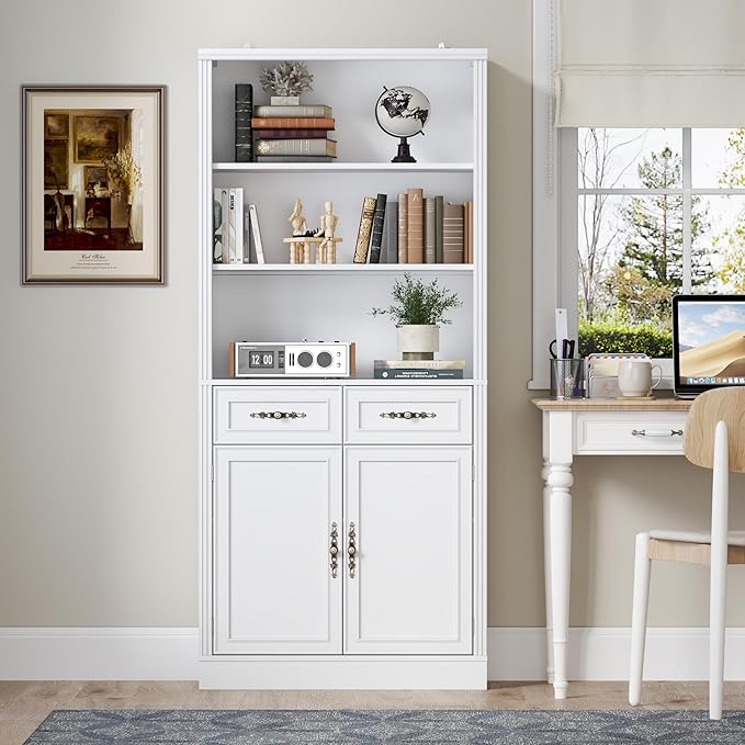 70.1" Tall Bookshelf with Drawers & Cabinet, 5-Tier Floor Standing Bookcase with Storage Doors, Adjustable Shelves & Metal Handles, 31.5" Wide Organizer for Home Office, Living Room