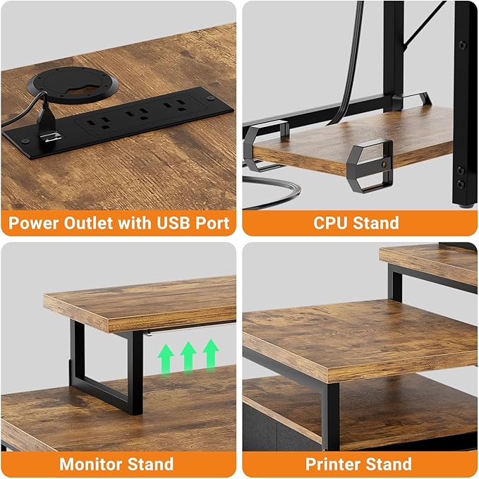 Unikito Reversible L Shaped Computer Desk with Fabric File Drawers, 70.8" Large Office Desk with RGB LED Light & Power Outlets & Monitor Stand & CPU Stand, Sturdy Corner Gaming Desk, Rustic Brown