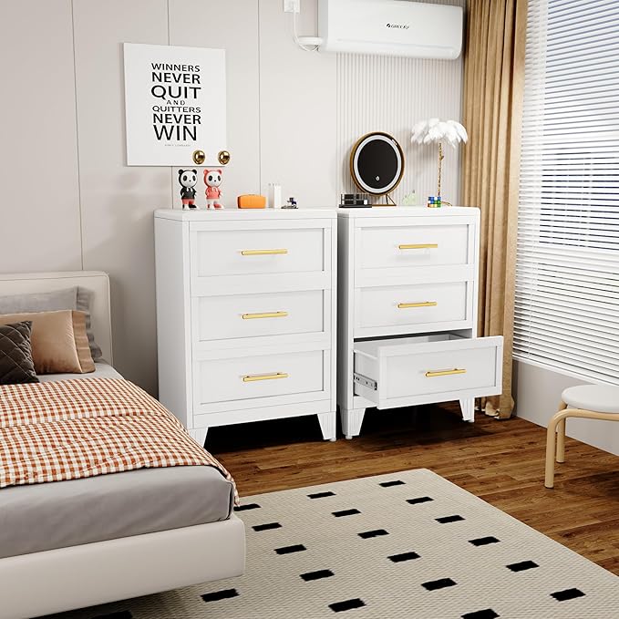 35.43" Tall Dresser for Bedroom 3 Drawers, Metal Dresser Chest of Drawers, Circular Drawer Cabinet for Home,Filing Cabinet with Drawers for Office (White)