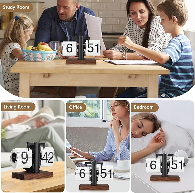 FOSA Flip Desk Clock, Retro Vintage Flip Desk Table Clock, Digital Sided Large Numbers Mechanical Flip Clock Wood Base for Living Room, Study Room and Office（Black）