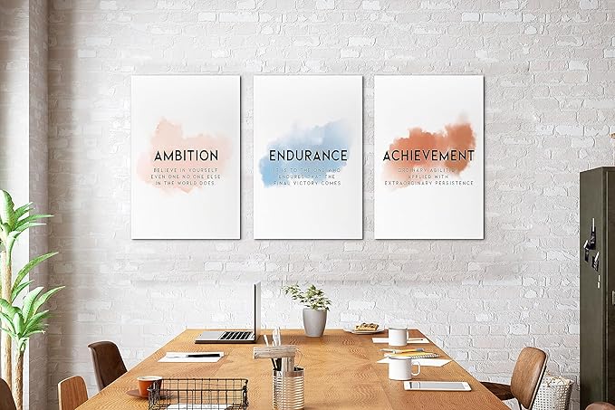Office Canvas Wall Art Motivational Wall Decor, 3 Piece Ambition Endurance Achievement Print Pictures for Office Wall Decor Women Inspirational Framed Artwork Home Office Decor 16”x24”x3 Panels