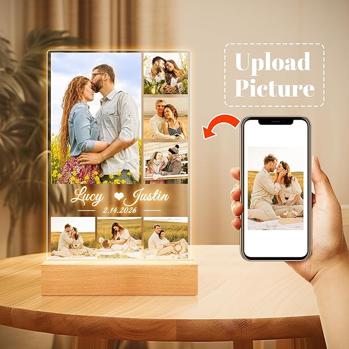 Custom Picture Frames, Personalized Picture Frame with Night Light, Customized Photo Frame, Personalized Anniversary Couple Gifts for Women Men Her Him Girlfriend Boyfriend Couple Wife