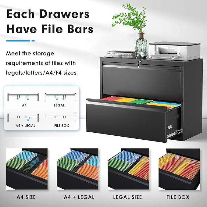 Pataku Lateral File Cabinet, 2 Drawer File Cabinet with Lock, Black Filing Cabinets for Home Office, Metal File Cabinet for Hanging Files/Letters/Legal/F4/A4