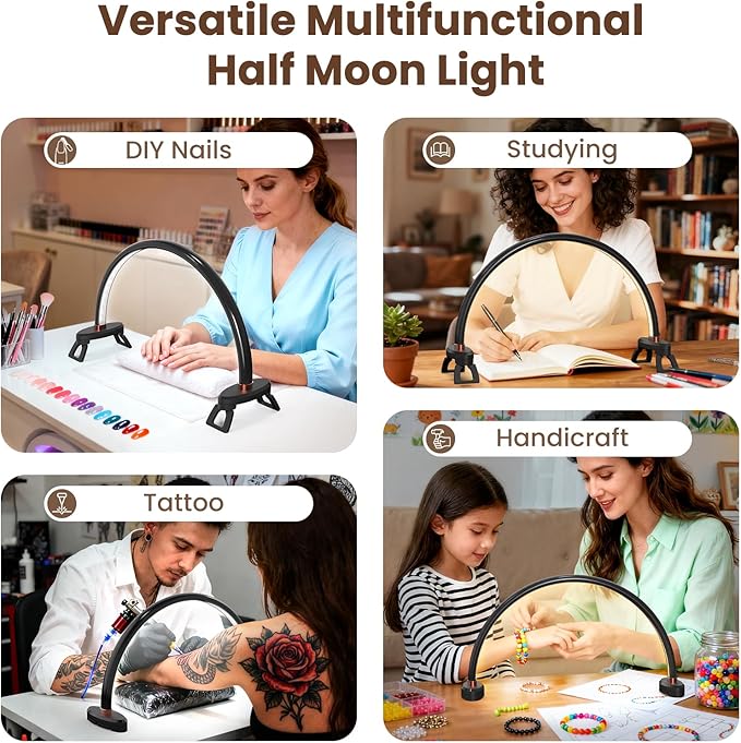 Yokilly Arc Half Moon Light: 16" Half Moon Light with Foldable Bracket for Desk Salon Table Use - No Flicker & Shadow-Free Desk Lamp with Stepless Brightness 3000-6500K for Manicurist Nail Tech