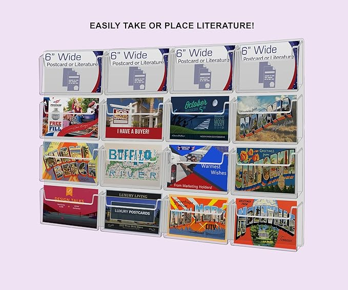 Marketing Holders Post Card Holder Acrylic 16 Pockets Holds 6" Printed Media Hanging Hardware Included Use at Real Estate Offices Hotels Resorts Convention Centers Hotels Eye Catching Clear