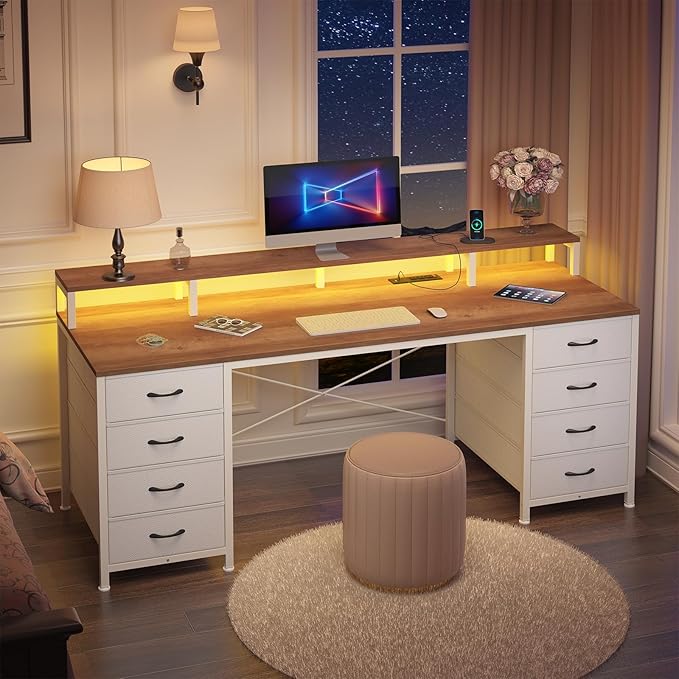 60 Inch Computer Desk with 8 Fabric Drawers, Gaming Desk with LED Lights & Power Outlets, Home Office Desk with Monitor Stand, Brown and White